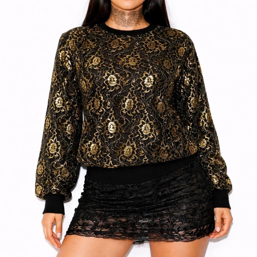 Vintage Wool Bubble Hem Sweater Womens S Cropped Black & Gold Metallic Lace 80s